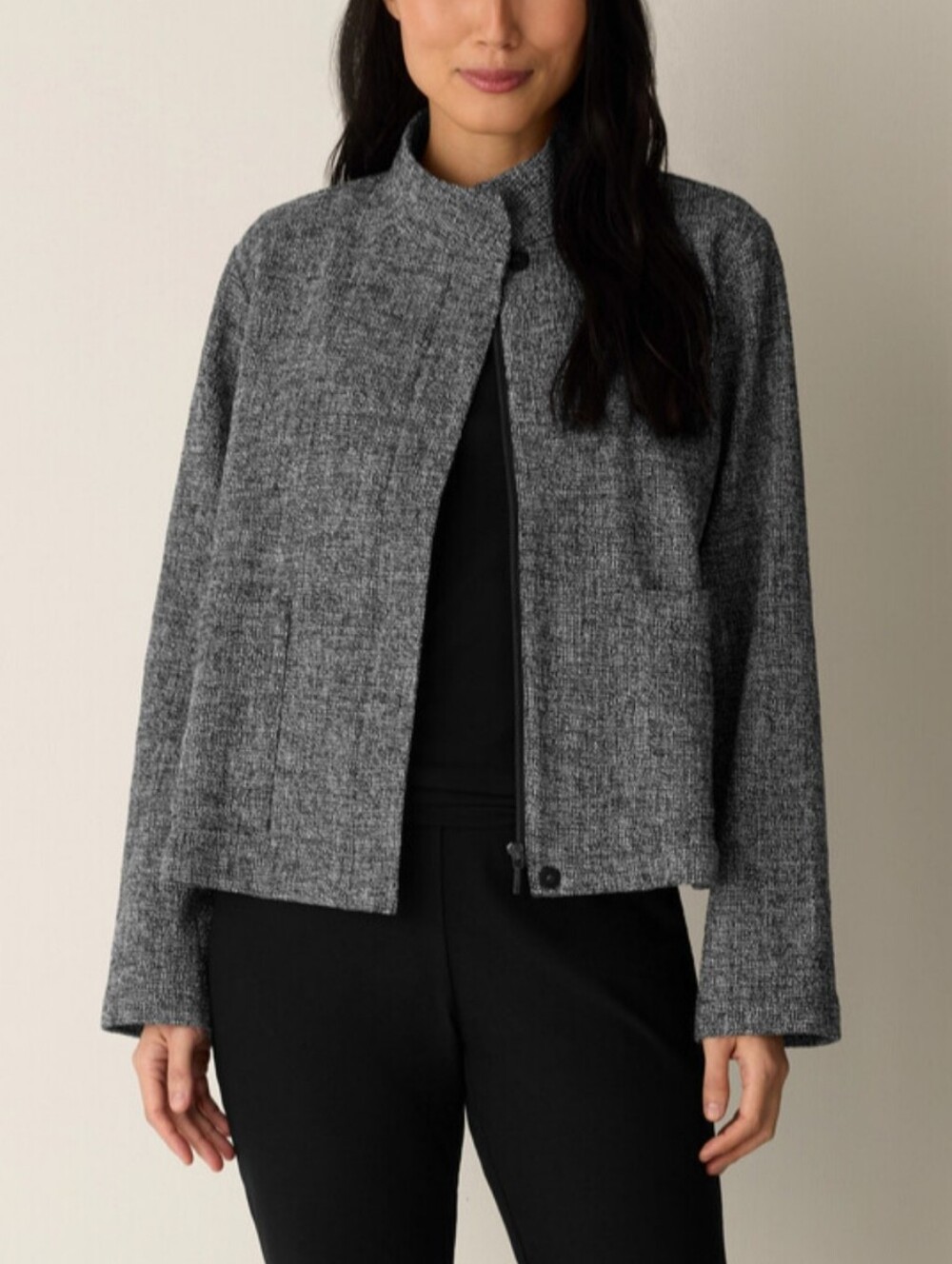 Eileen Fisher Organic Cotton Tweed Stand Collar Jacket Size Small